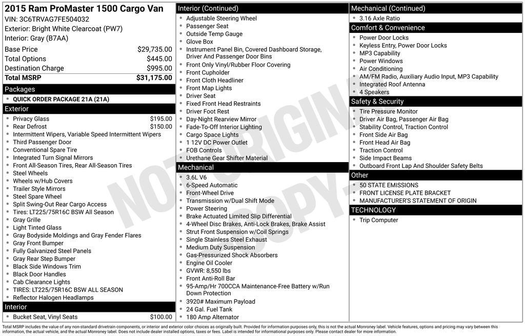 2015 RAM ProMaster Cargo Van Base